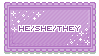 a sparkly purple he/she/they pronoun stamp
